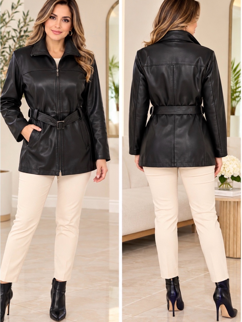 Women's Black Faux Leather Belted Jacket - Sleek Zip Front